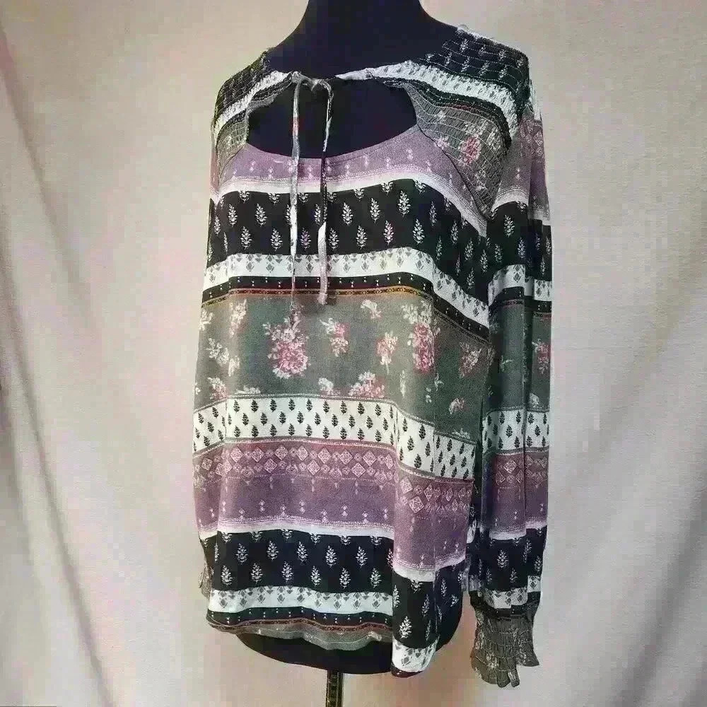 Maurices Medium Cottage BoHo Ruched Front Yoke Gathered Long Sleeved Fall Top